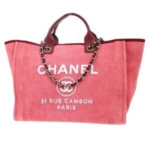 CHANEL CC Deauville GM 2way Shoulder Hand Bag Canas Leather Red SHW 396RL672